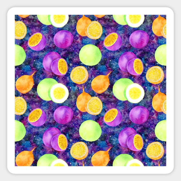 Bright watercolor tropical fruit pattern, passion fruit on the galaxy background Sticker by runlenarun